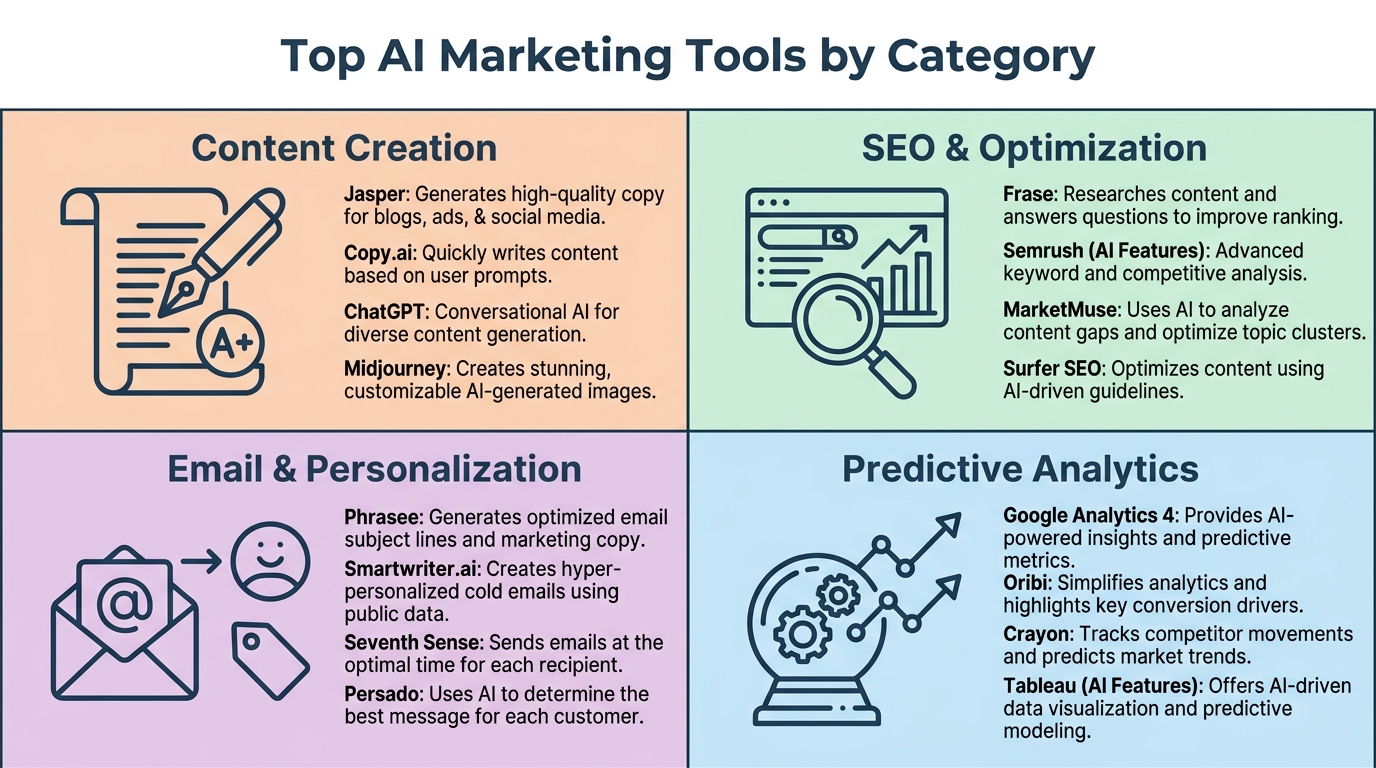 A 2x2 grid diagram illustrating the top AI marketing tool categories: Content Creation, SEO & Optimization, Email & Personalization, and Predictive Analytics.