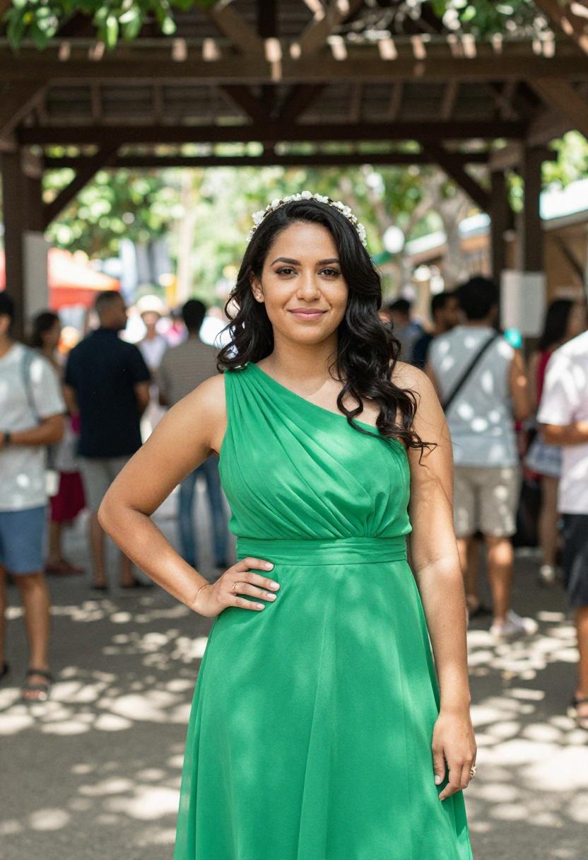 One-shoulder bright green chiffon bridesmaid gown styled with a floral headband for a bohemian outdoor wedding