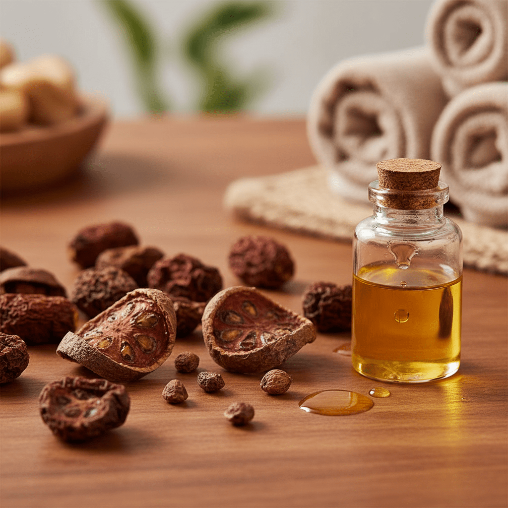 Amla berries and oil bottle on a spa-style wooden surface