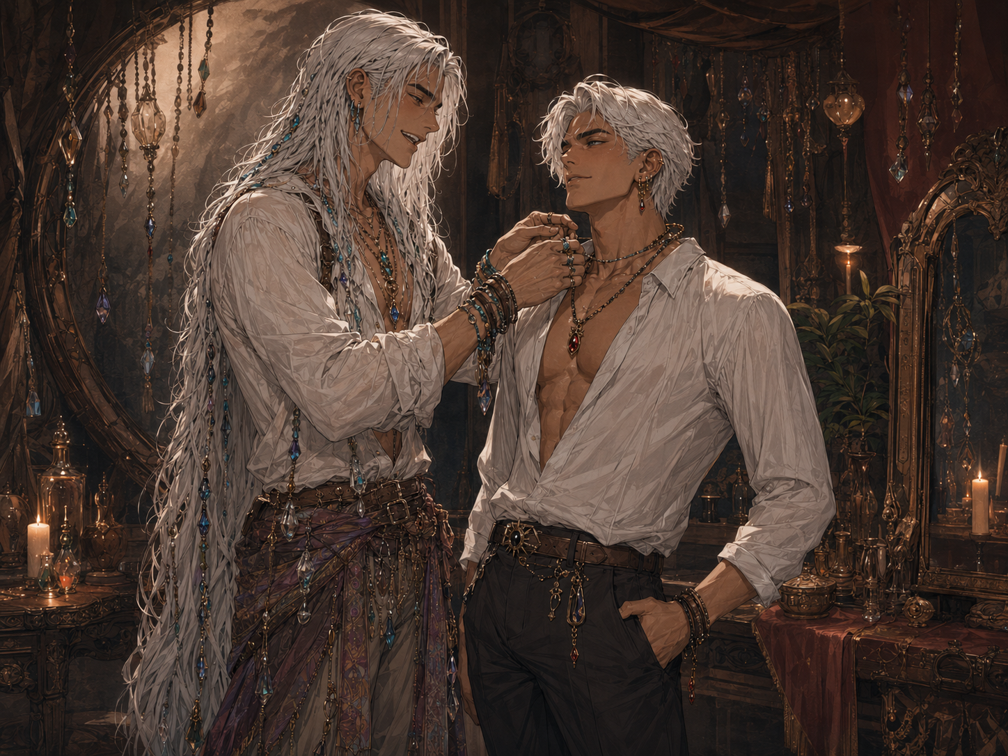 Landon placing jewelry around Apollo's neck in a warm room.