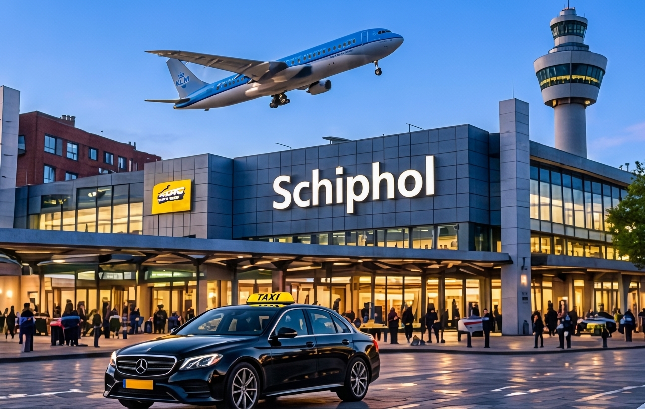 Schiphol Airport met taxi en vliegtuig