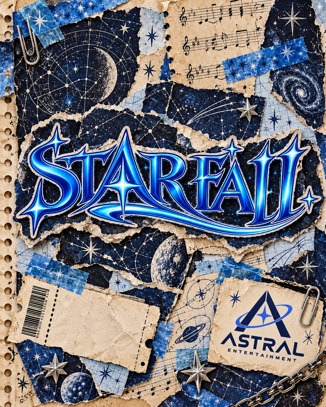 Starfall scrapbook cover with blue constellation papers, silver stars, and an Astral Entertainment label.