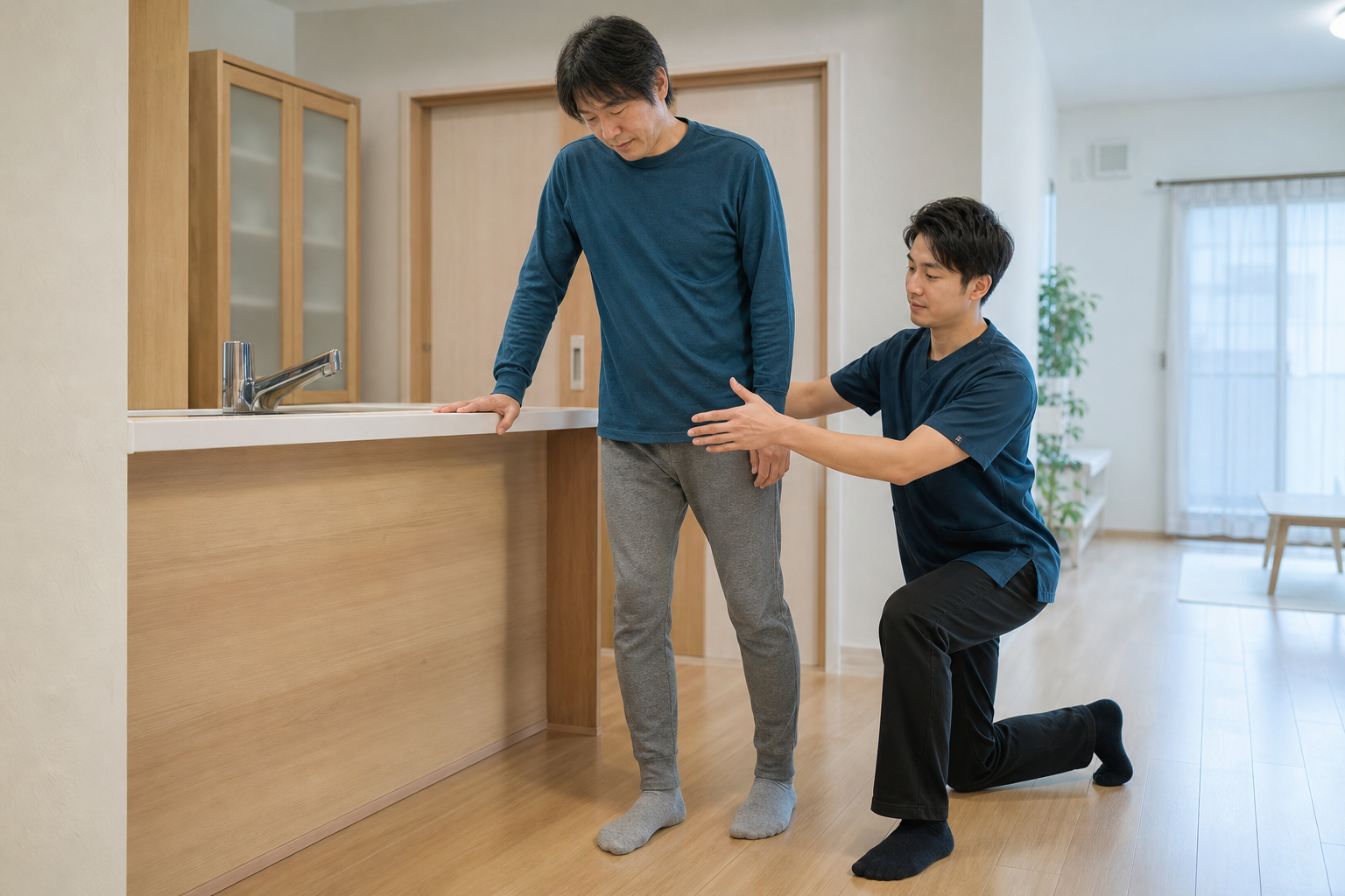 支持物と見守りのある環境でバランス練習を行う様子