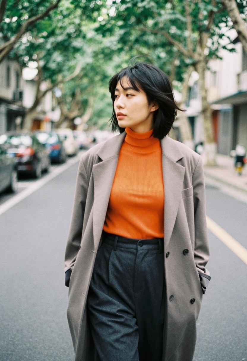 Tangerine turtleneck with a grey longline blazer for a bold spring warm-toned professional outfit