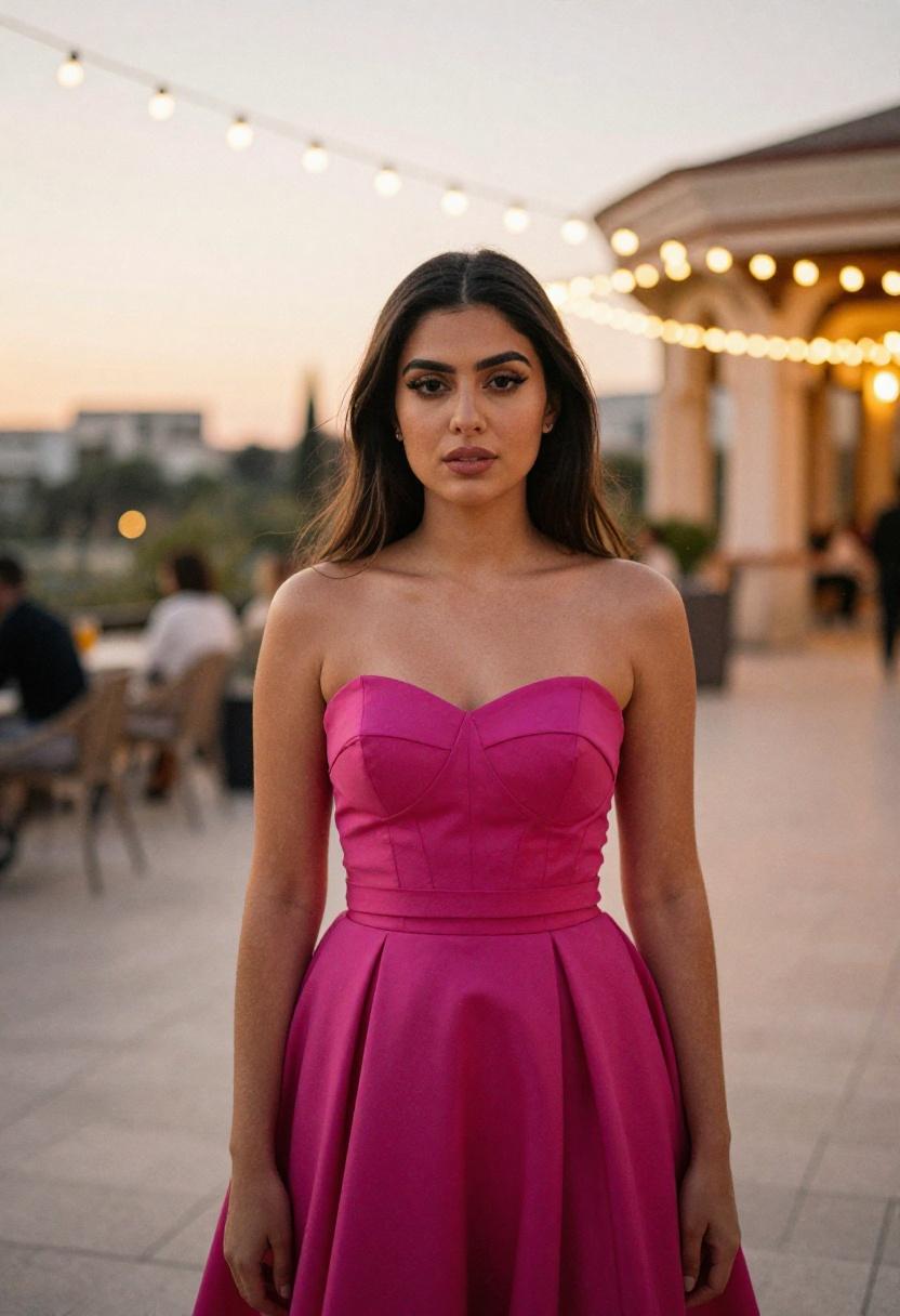 Commanding magenta ballgown at golden hour with confident gaze