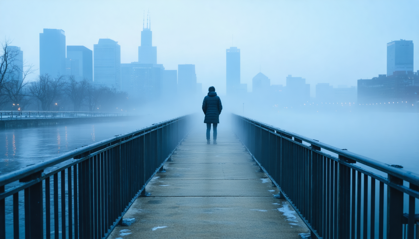 A blurred figure standing still on an empty bridge at dawn, facing away, with cold river mist rising below.