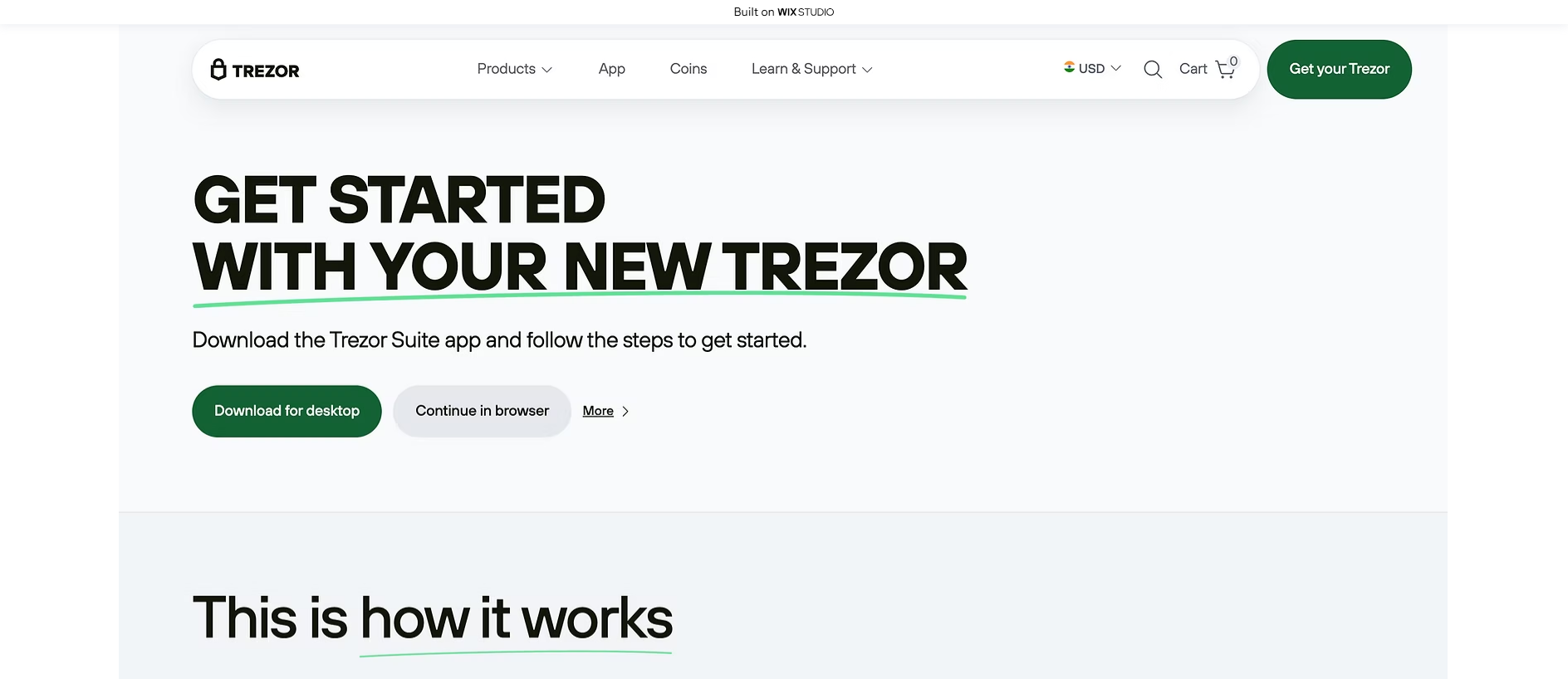 Forensic screenshot of startioweb-trezscdn.wixstudio.com showing the phishing page layout