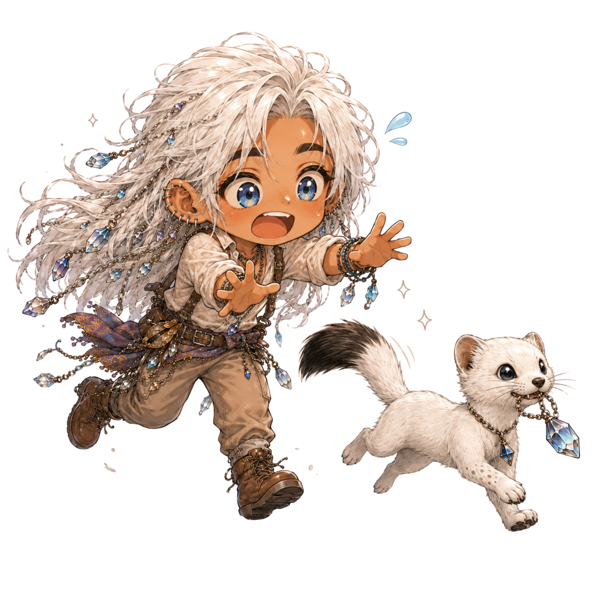 Chibi Landon chasing Myrrh the ermine.