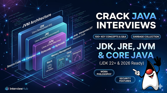 Comprehensive Java Deep-Dive 2026 at Interview Hub.IN: A detailed technical infographic showing networked architecture diagrams of the JVM, JRE, JDK, alongside clear typography highlighting memory management, code flow, and over 100 deep core Java interview concepts.