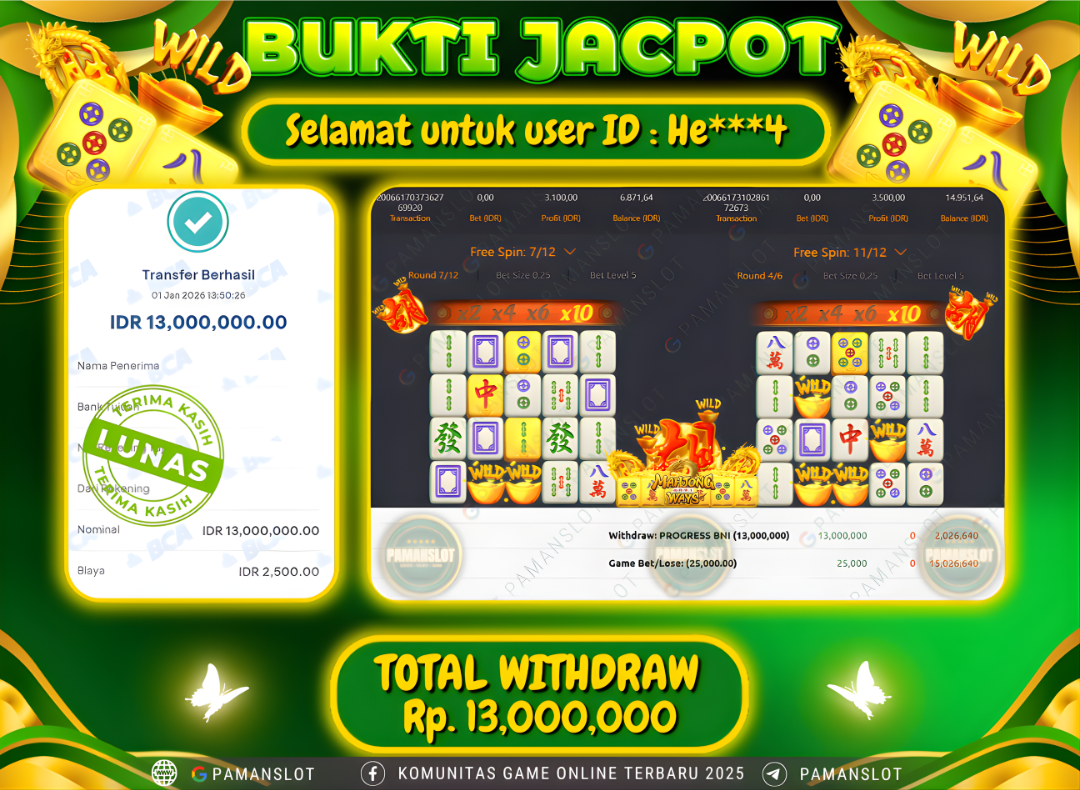 PAMANSLOT JACKPOT Game PG - Mahjong Ways Rp.13,000,000- LUNAS