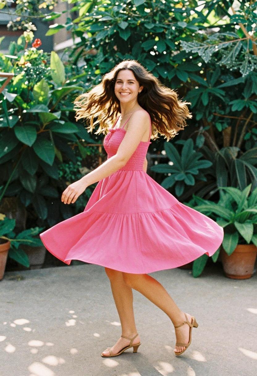 Fuchsia smocked romper spinning in sun-drenched garden for playful carefree spring style