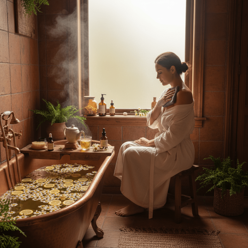 Relaxed bathroom scene with chamomile compress for sun-stressed shoulders