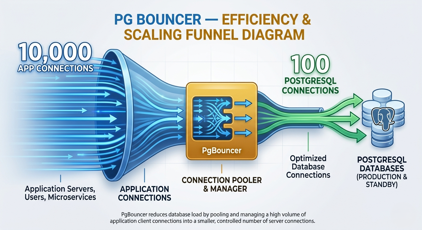 PgBouncer connection pooling diagram showing thousands of application connections multiplexed to a small PostgreSQL connection pool