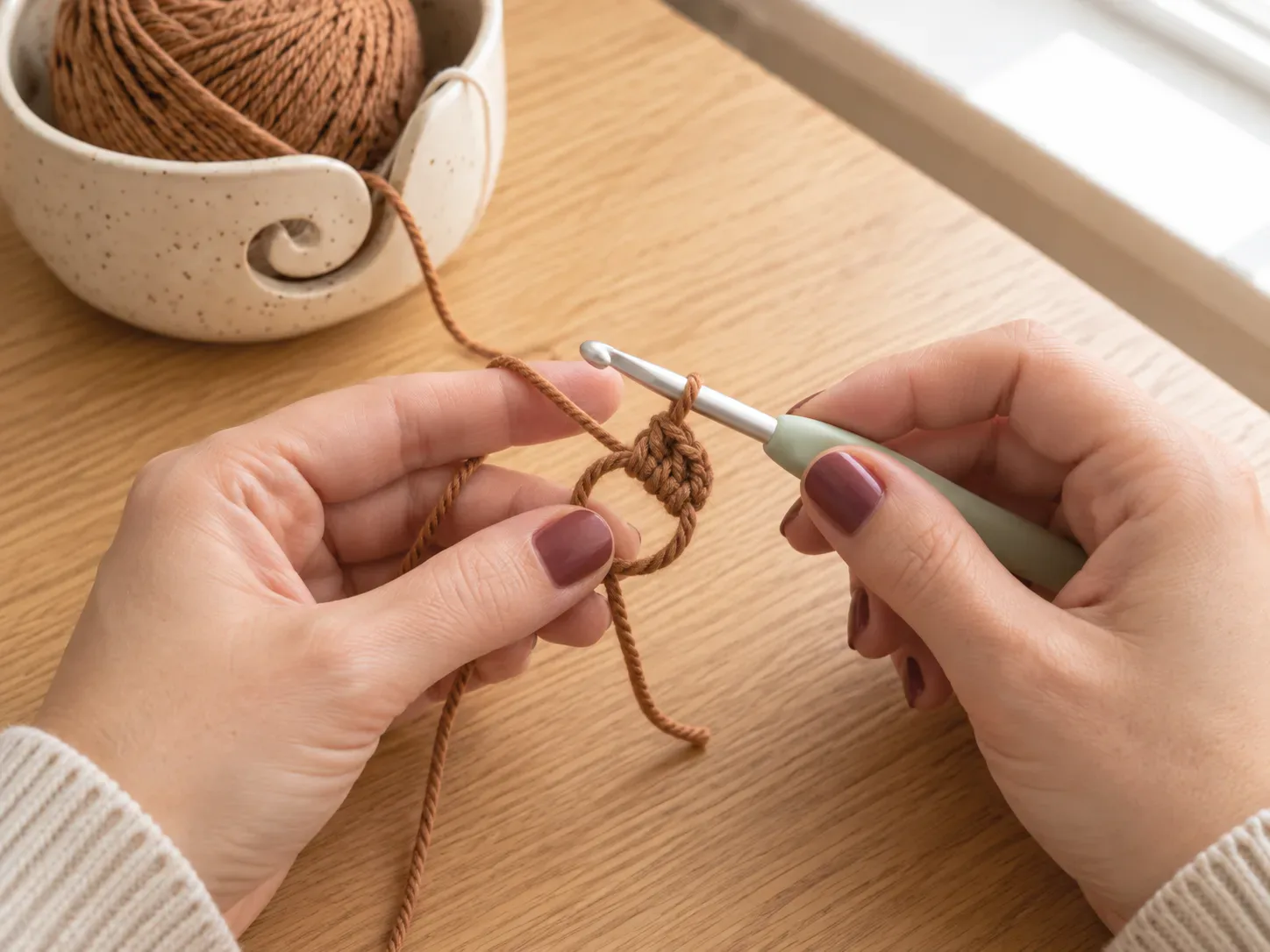 Start the head — Make a magic ring with gingerbread-brown yarn and begin the rounded head.