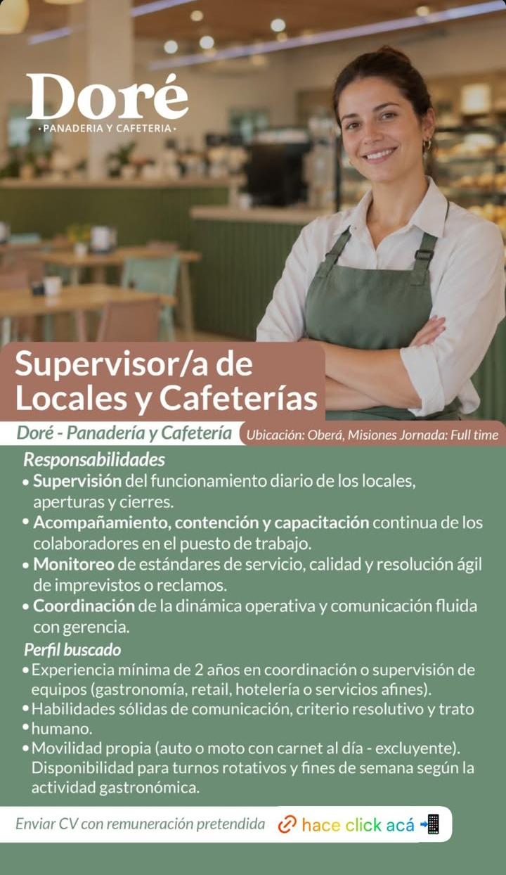 Se Busca Supervisor/ a de Locales de Cafetería en Obera