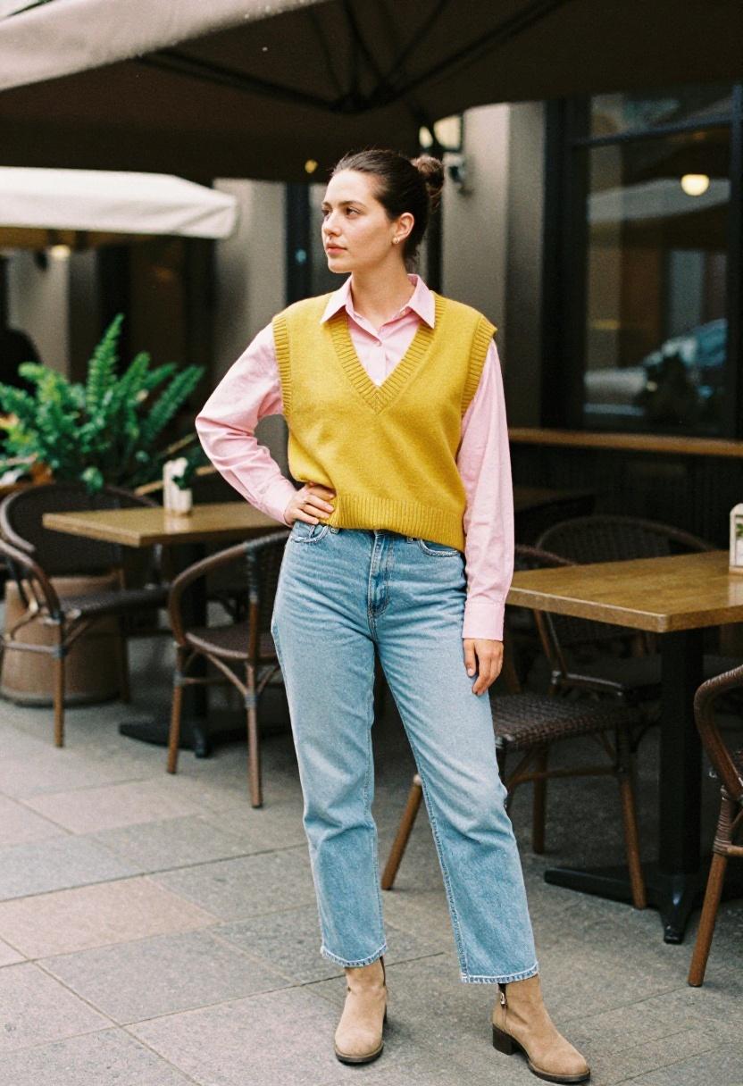 Mustard yellow sweater vest over blush pink shirt, breezy preppy combo for spring cafe afternoon