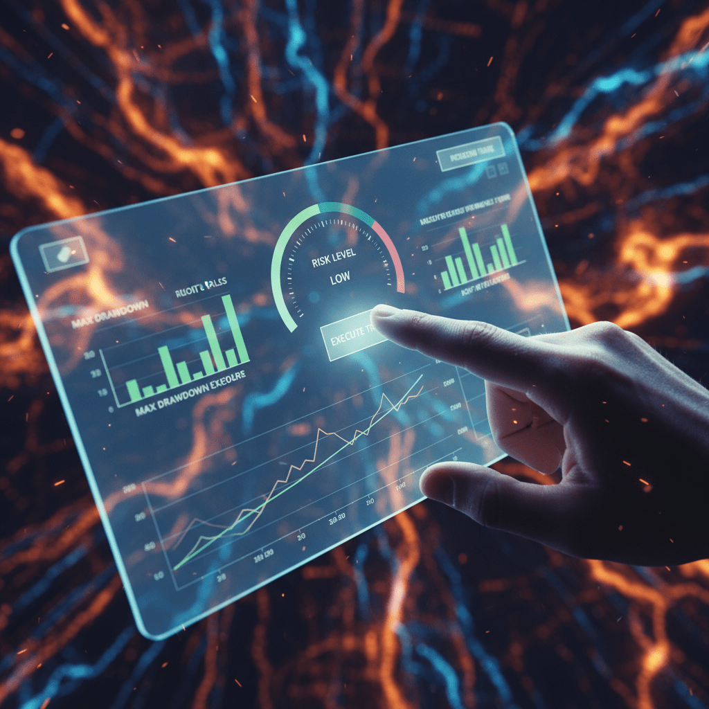 A steady hand managing a professional trading dashboard, symbolizing control and risk management in paid trading bots.