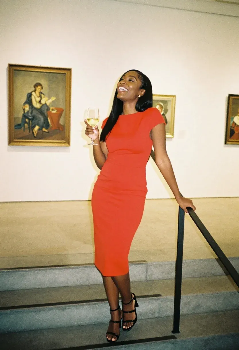 Slim Black woman with silk-pressed straight hair in a fire-engine red tailored midi dress descending a staircase at an art gallery