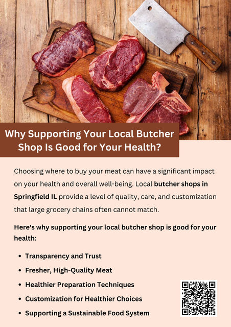 Supporting your local butcher shop is good for your health as they provide fresh, high-quality meat sourced from trusted local suppliers. These shops often avoid preservatives and additives found in mass-produced meats, ensuring a more natural product. Butcher shops in Springfield IL also offer personalized cuts and dietary recommendations, helping you make healthier choices. By choosing local, you enjoy nutritious, flavorful options while promoting sustainable and community-focused practices. To know more visit here https://www.goharvestmarket.com/our-story/butcher-shop-our-meat-department/