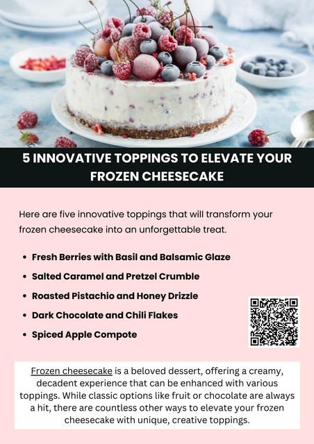 Frozen cheesecake is a versatile dessert that can be dressed up in countless creative ways. By incorporating innovative toppings like salted caramel and pretzel crumble, roasted pistachio and honey drizzle, spiced apple compote, fresh berries with basil and balsamic glaze, or dark chocolate with chili flakes, you can take your cheesecake to the next level. To know more visit here https://cravnflavor.com/product/cravn-flavor-new-york-style-classic-cheesecake-24-oz/