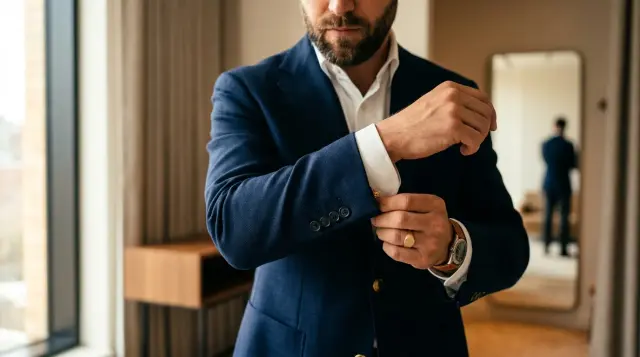 Man's hands adjusting tailored navy blazer cuff in warm natural light, elegant and confident mood
