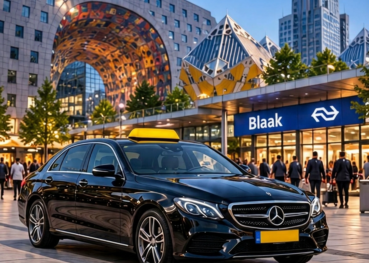 Zwarte taxi bij station Rotterdam Blaak en de kubuswoningen