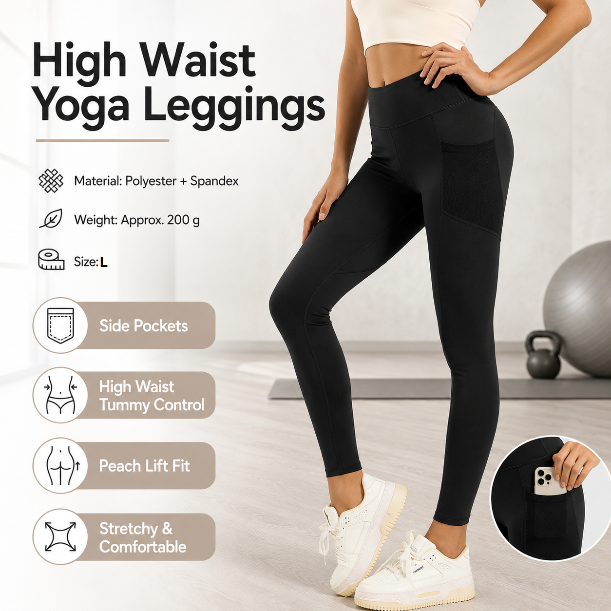 Black L Size Women's High Waist Yoga Leggings with Mesh Side Pockets - Squat Proof, Peach Hip Lift, Breathable Stretch Fabric for Gym Running 、Pilates Wea and Daily Wear