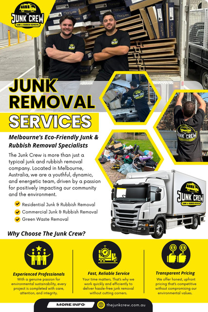 From old electronics to garden waste and reusable furniture, many materials can find a second life through donation or recycling. By choosing junk removal services, you make a greener choice that benefits future generations.

Official Website: https://thejunkcrew.com.au/

Find Us On Google Maps: https://maps.app.goo.gl/d4nT8GgSEgxjaSTD7

Google Business Profile:https://www.google.com/maps/place/?cid=15768933340668580845

The Junk Crew
Address: 40 Southern Rd, Mentone, VIC, 3194
Phone: 0403 362 600

Our Profile: https://thejunkcrew.imgbb.com/

Next Info-Graphics:

https://is.gd/NrZX7n