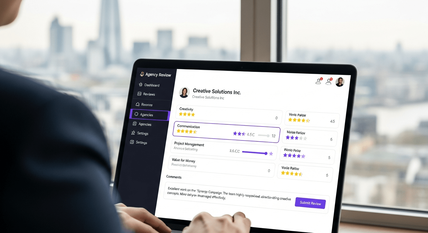 An over-the-shoulder shot of a professional using a laptop with a screen displaying a structured agency review interface with 5-star rating icons in purple #9900CC, with a blurred London city skyline in the background.