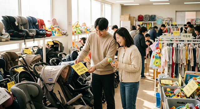 한국인 부모가 육아용품 쇼핑 중 가격표를 비교하며 경제적인 선택을 고민하는 모습