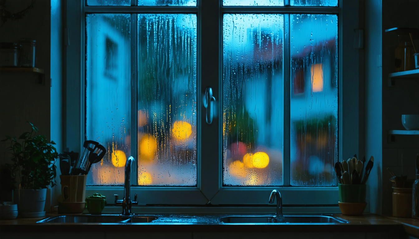 A glass window from the inside at night with warm condensation and blurred urban lights beyond