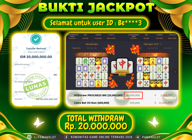 Selamat kepada Member PAMANSLOT Game Mahjong Ways  : BE****3