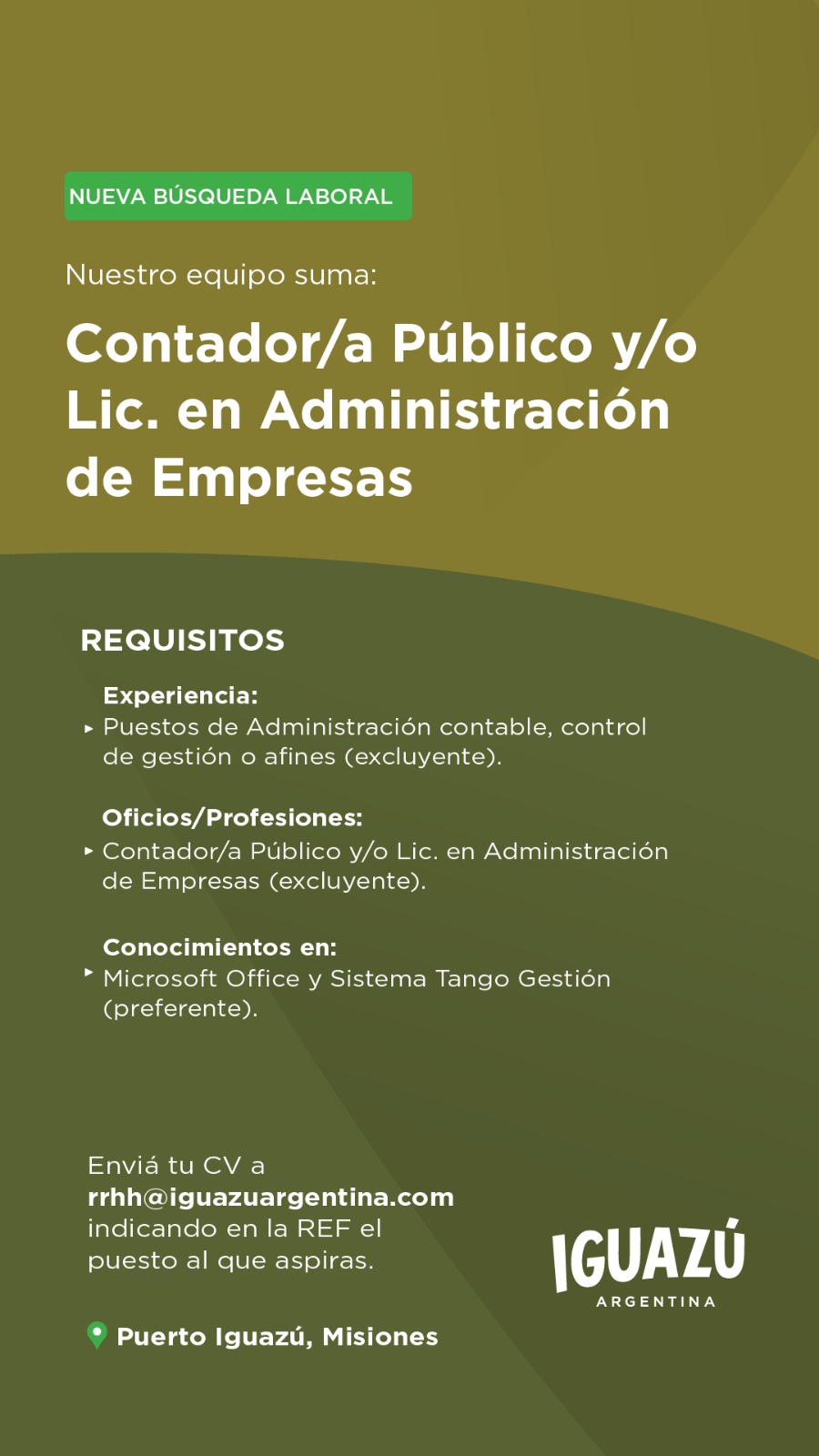 Se Busca Contador / a Publico y/o Lic. En Administración de Empresas en Puerto Iguazú
