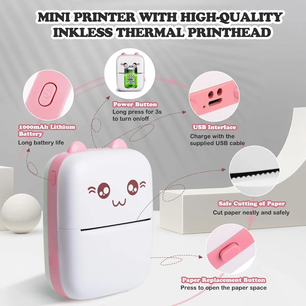 Toy Imagine Mini Portable Thermal Printer Bluetooth Pocket Printer for Kids and Adults 57mm Inkless Photo Label Printer for Notes Stickers Study Rechargeable Assorted photo 5