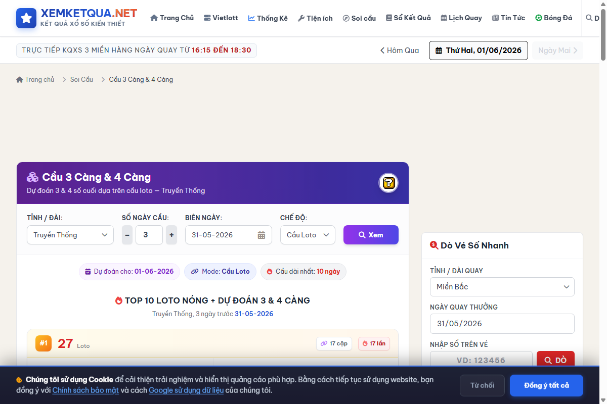 Hướng dẫn cách xem và sử dụng Soi cầu 3 càng và 4 càng trên Xemketqua.net
