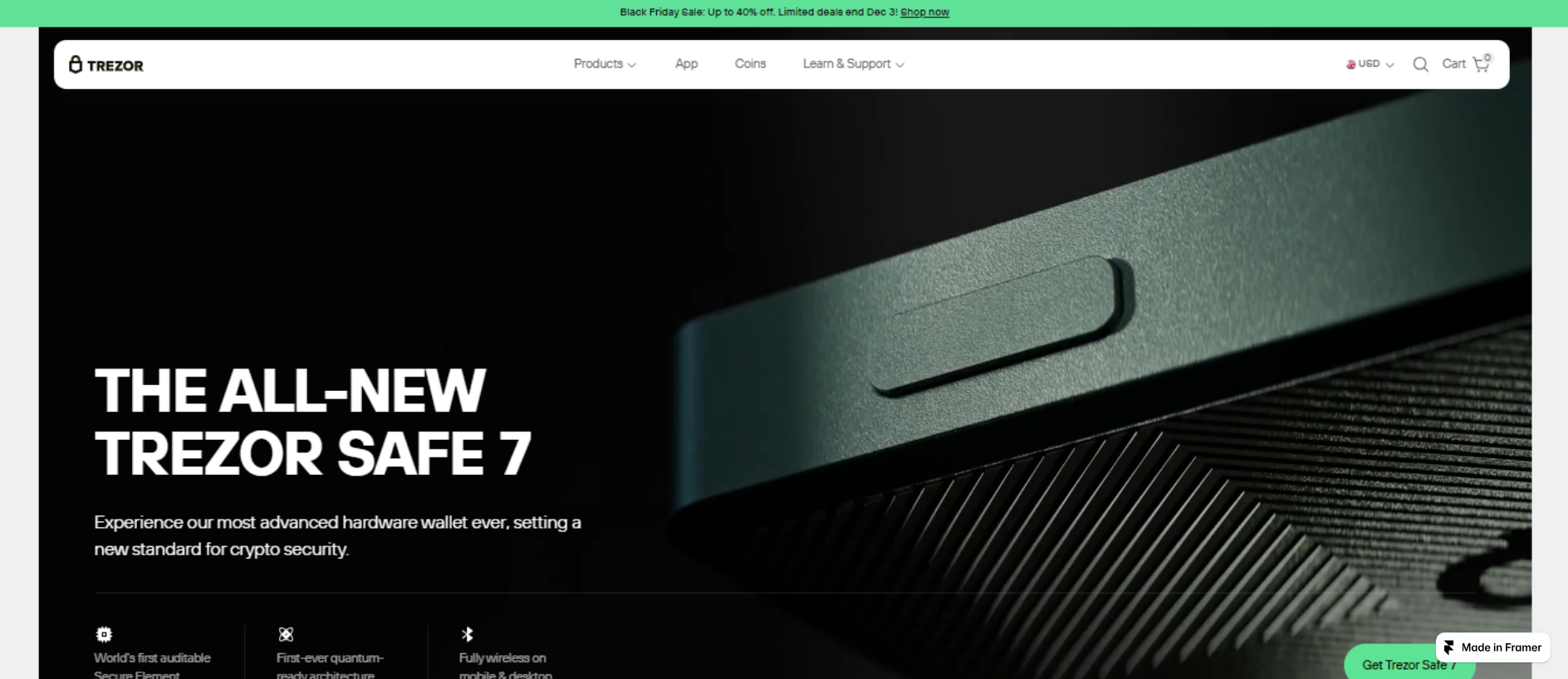 Forensic screenshot of home-wallet-trezeio.framer.ai showing the phishing page layout