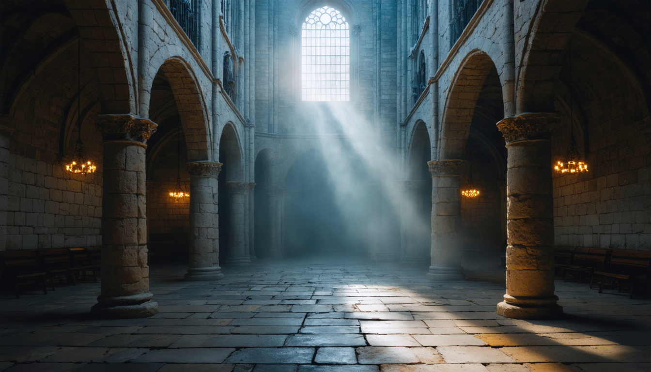 An empty cathedral interior at dusk, dust suspended in a single shaft of light falling on bare stone floor.
