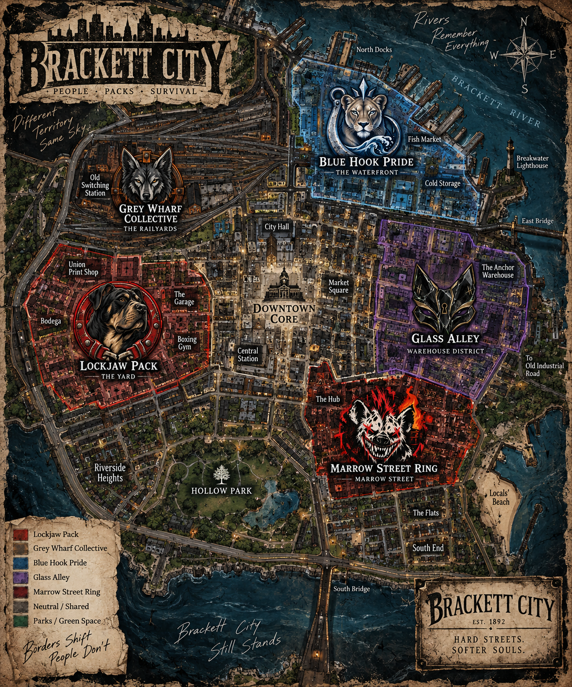 Map of Brackett City showing faction territories and shared districts