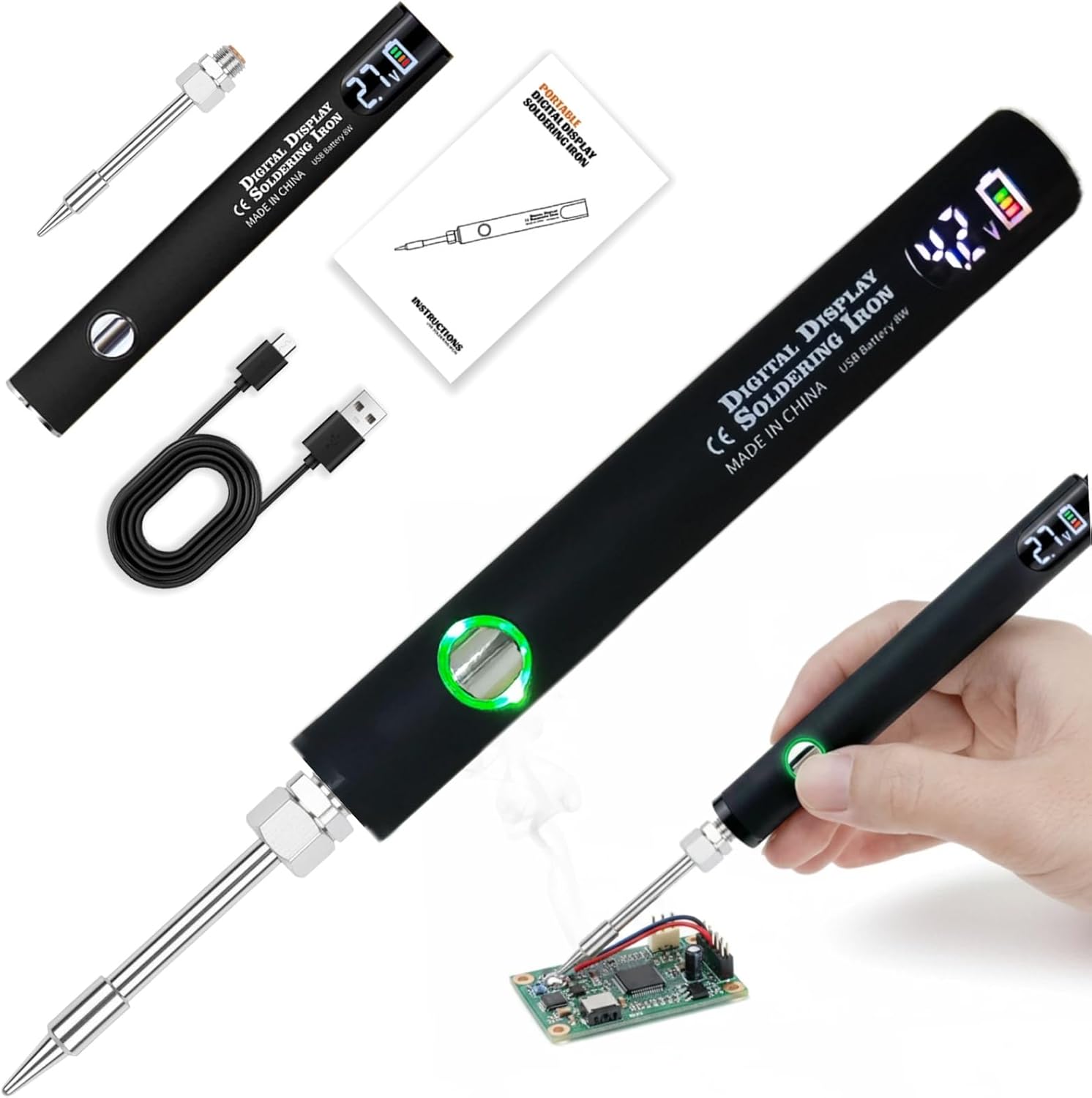 650mAh USB Rechargeable Soldering Iron Kit – 3-Level Adjustable Voltage, Stainless Steel, Portable Precision Pen For Electronics Repair & DIY Projects (Green)