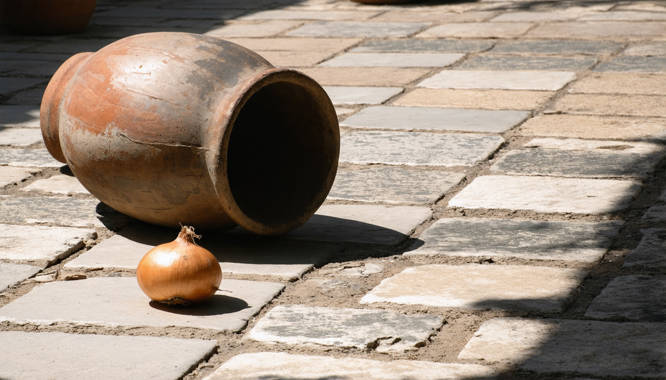 A weathered ceramic storage jar resting on sunlit stone paving, a single onion beside it, cast in a strong midday shadow.