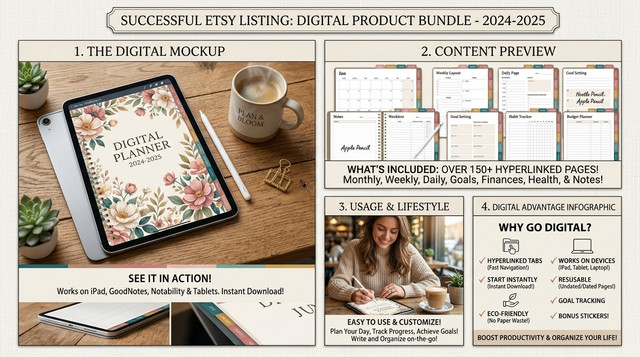 نموذج صور قائمة Etsy احترافية لمنتج رقمي ناجح — موك أب ومعاينة محتوى وإنفوغرافيك
