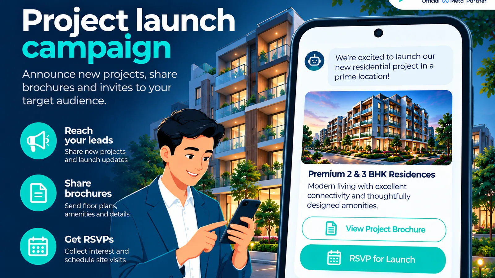 Real estate project launch WhatsApp broadcast with RSVP and brochure buttons