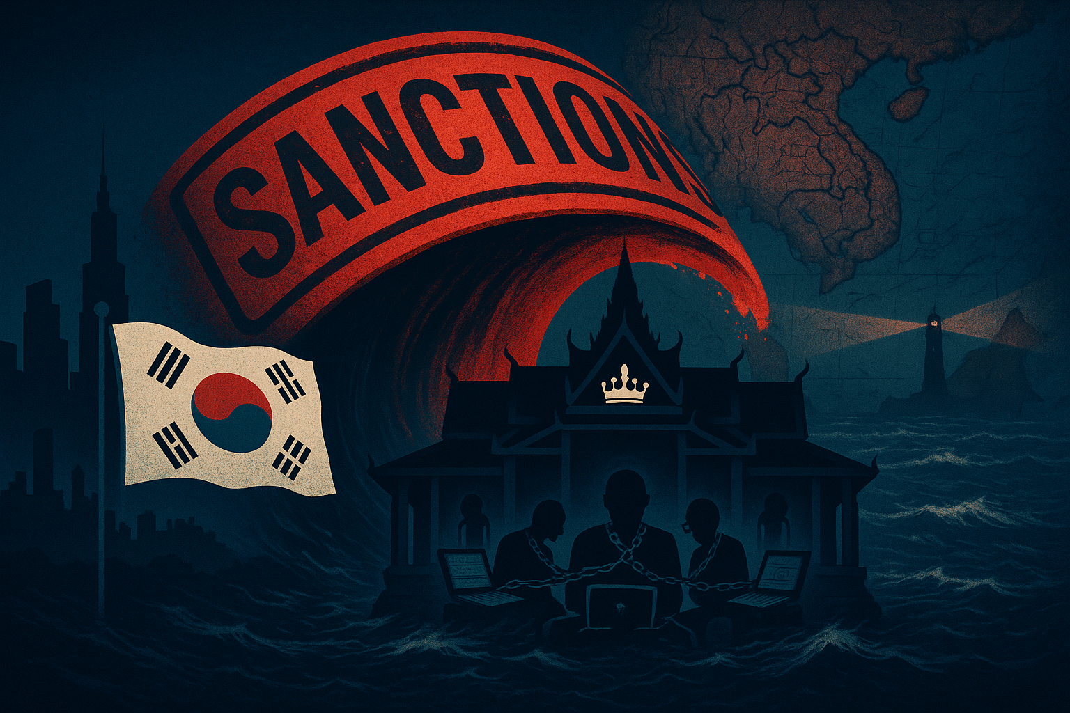 South Korean flag with financial sanctions documents and Cambodian landscape, symbolizing international crackdown on scams