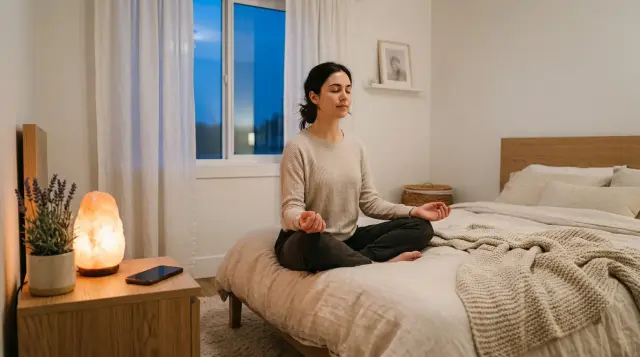 Person meditating peacefully on bed in serene minimalist bedroom at twilight