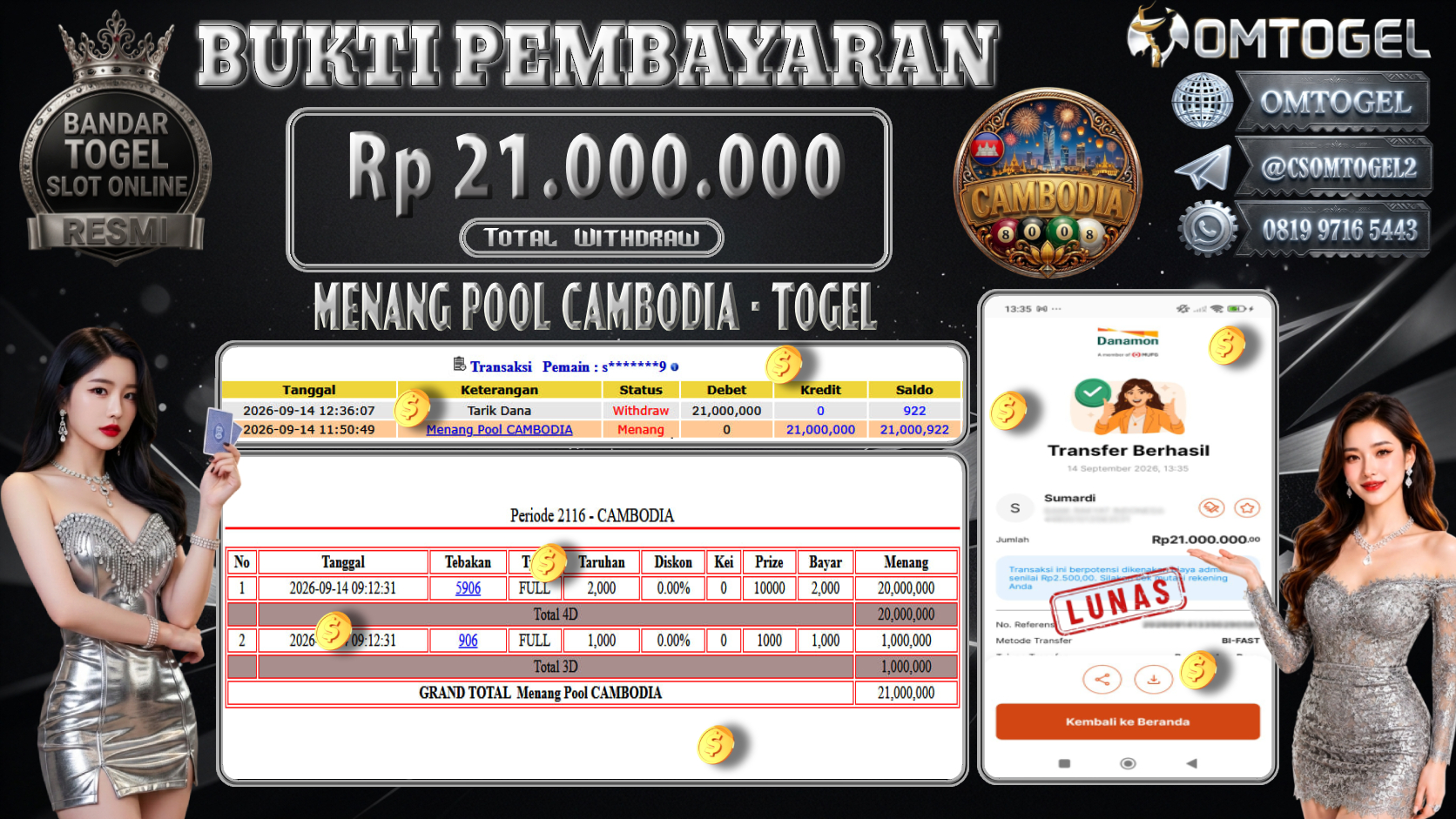 OMTOGEL JACKPOT MENANG TOGEL CAMBODIA Rp.21,000,000,- DIBAYAR LUNAS