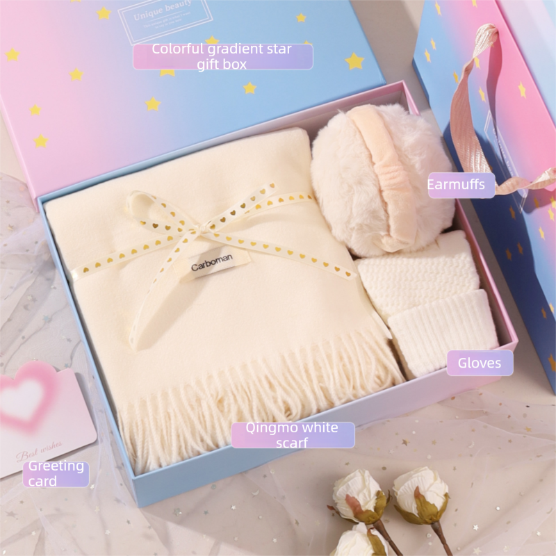 White Winter Scarf Gift Box Set for Women (Earmuffs, Gloves, and Scarf 3-Piece Set)- Soft Warm Scarf with Luxury Gift Packaging Birthday Present for Girlfriend Wife Daughter