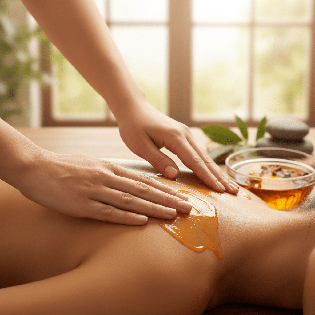 Hands applying herbal massage oil in a calm spa setting