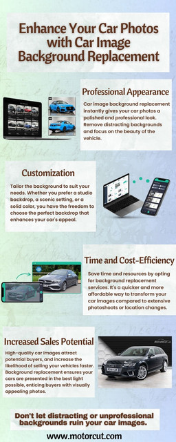 Elevate the visual appeal of your car listings with our background replacement service. In this guide, we explore how you can transform ordinary car images into eye-catching marketing assets. Discover the power of customization, cost-effectiveness, and the potential to attract more buyers. Revamp your car images with motorcut and take your automotive sales to the next level.
https://motorcut.com/