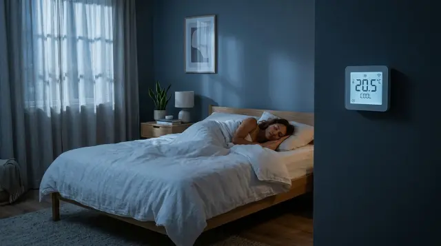 Peaceful sleeper in cool blue-toned bedroom with wall thermostat, serene nighttime atmosphere