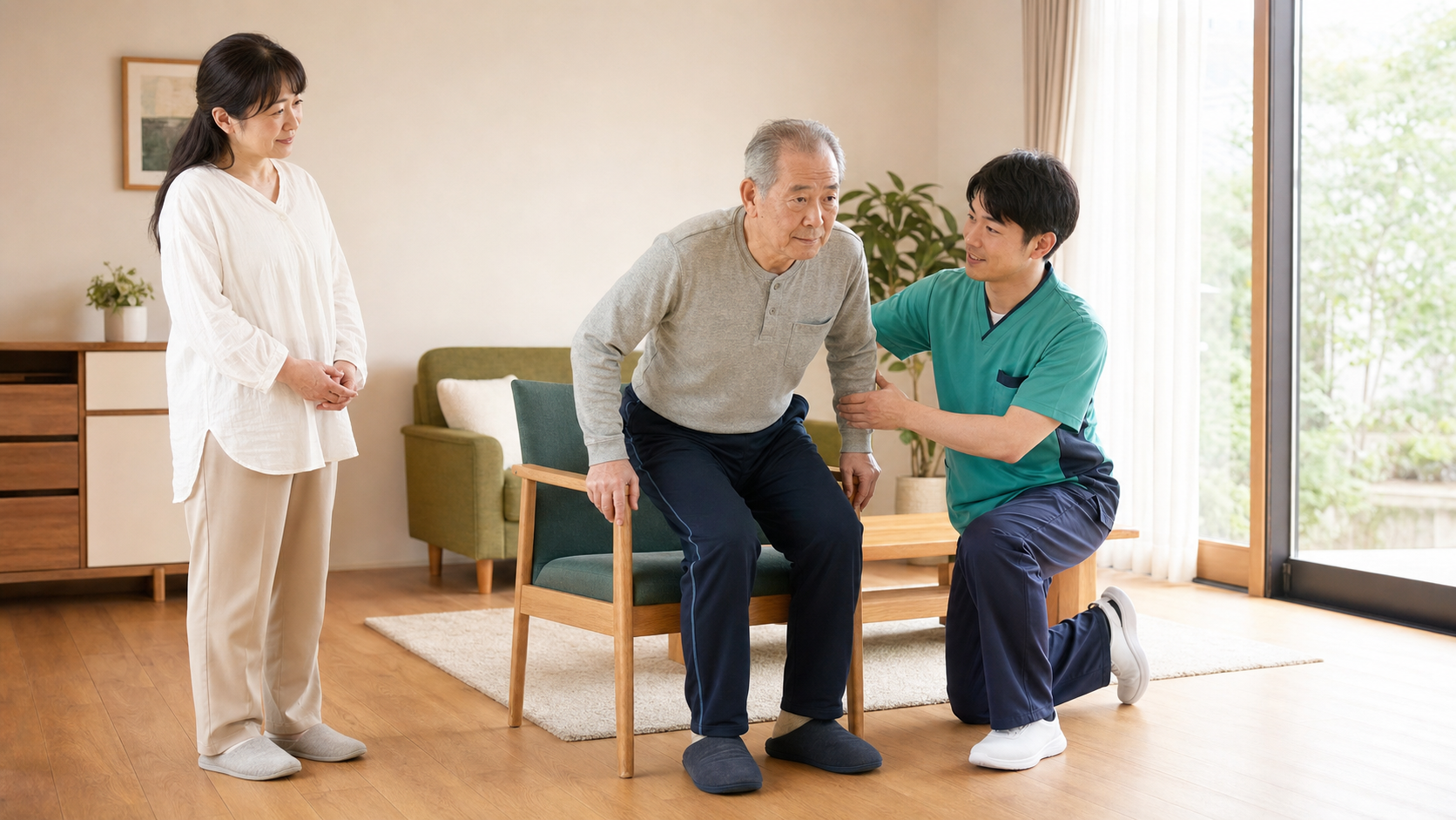 自宅で椅子から立ち上がる練習を行う高齢者と支援するリハビリ専門職